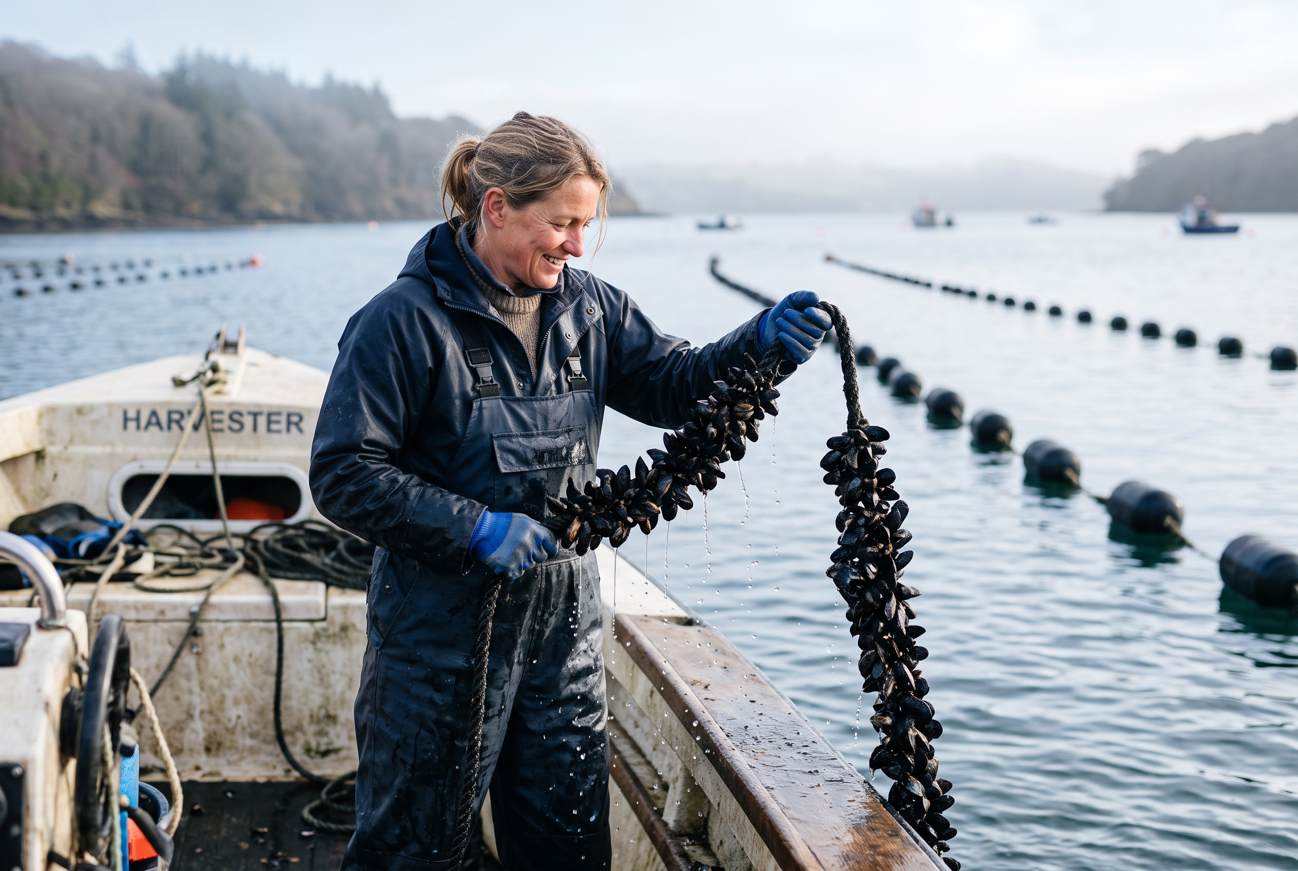 Aquaculture hero — shellfish longline harvest — Program imagery, fisheries/aquaculture cluster.