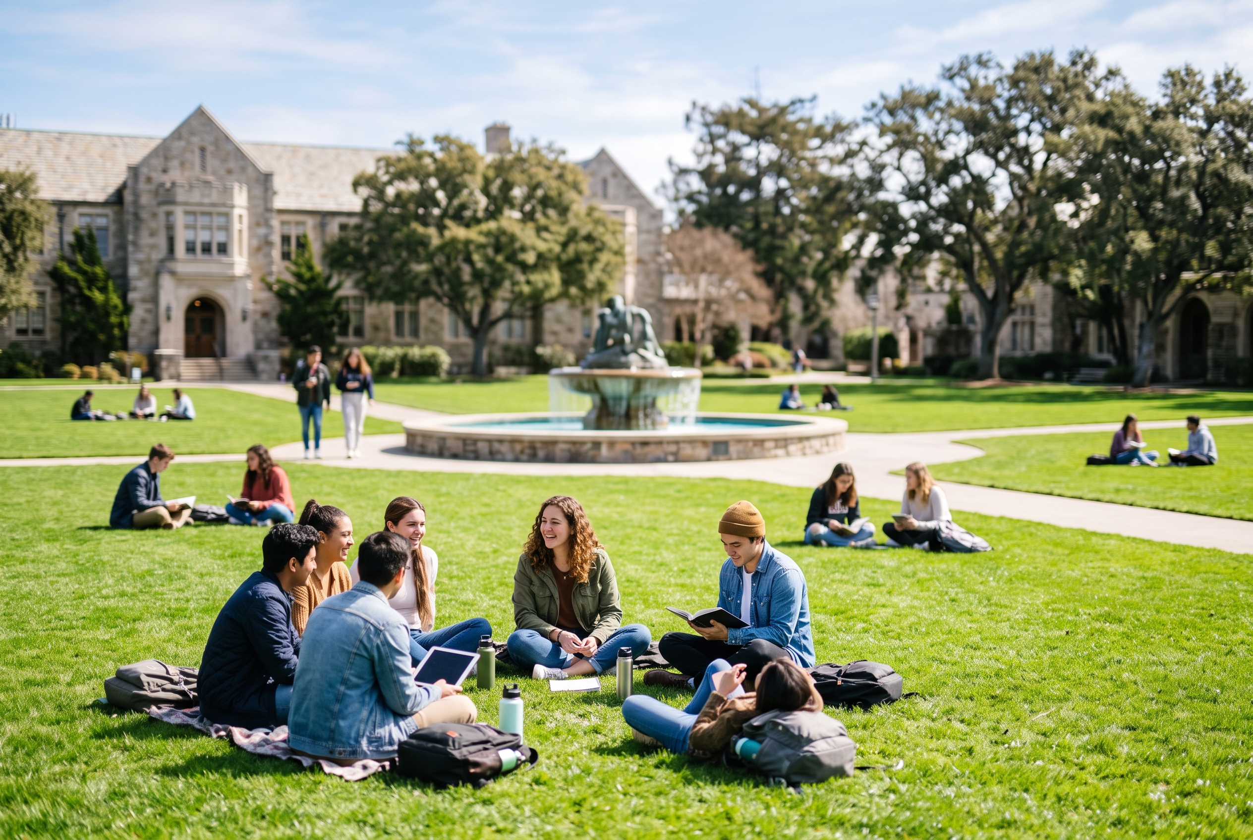 Campus green, students gathered — Landing page imagery, campus life hero.