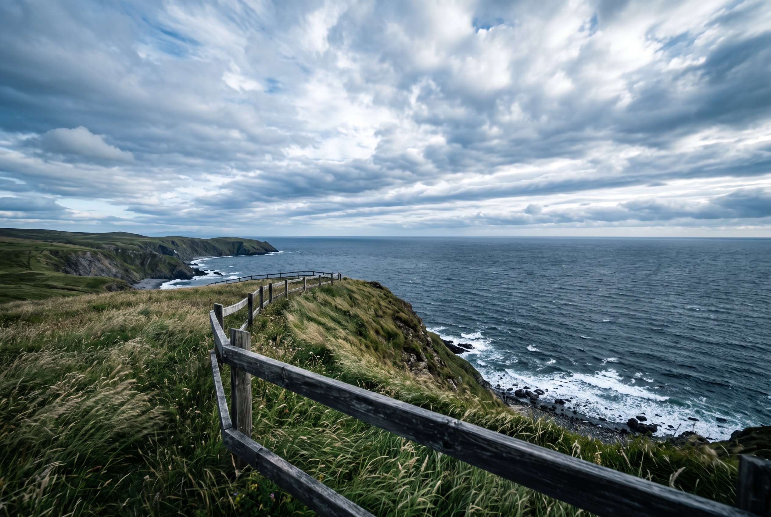Coastal bluff overlook, wide — Landing page imagery, aspirational hero.