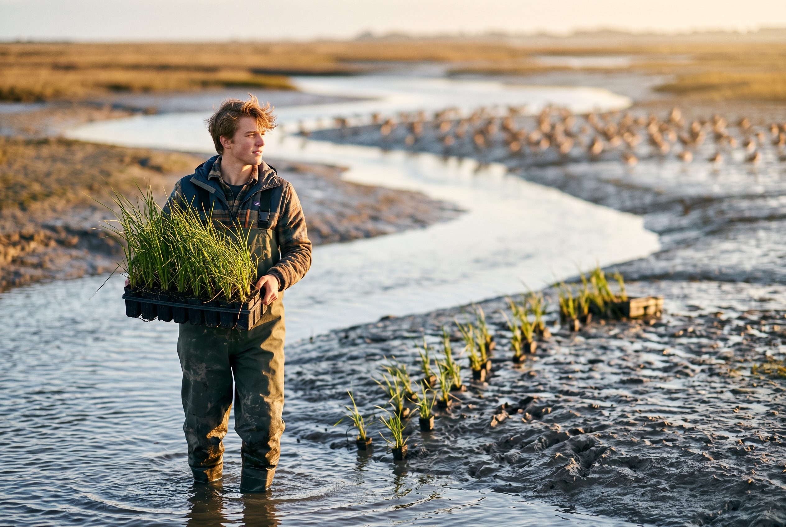 Conservation hero — saltmarsh replanting at golden hour — Program imagery, policy/conservation cluster.