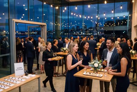Evening alumni networking mixer in a glass foyer — Event imagery.
