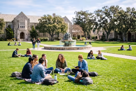 Campus green, students gathered — Landing page imagery, campus life hero.