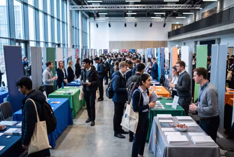 Careers fair with employer booths and student visitors — Event imagery.
