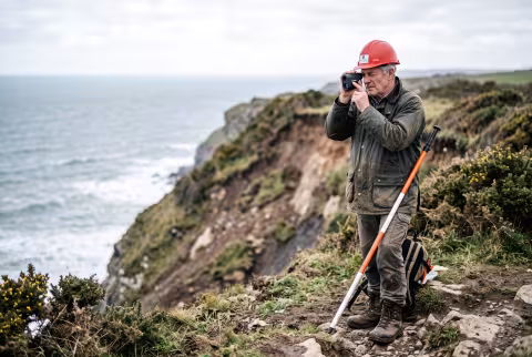 Geologist measuring an eroding cliff face from the clifftop — Person `main_image`, faculty/field.