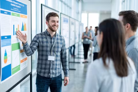 Postgraduate explaining his poster at a symposium session — Person `main_image`, student/researcher.