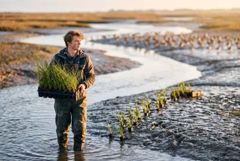 Conservation hero — saltmarsh replanting at golden hour — Program imagery, policy/conservation cluster.