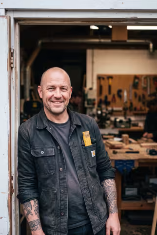 Facilities technician portrait, workshop doorway background — Person `person_portrait`.