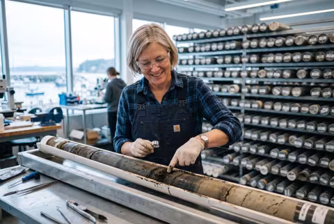 Geoscience faculty examining a sediment core sample — Person `main_image`, faculty/lab.