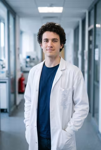 Graduate student portrait, lab corridor background — Person `person_portrait`.