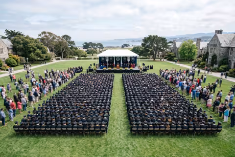 Graduation ceremony, elevated wide view — Landing page imagery, milestones hero.