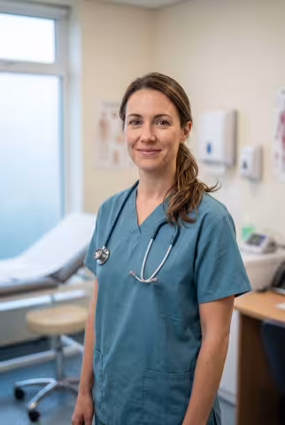 Health centre practitioner portrait, consulting room background — Person `person_portrait`.
