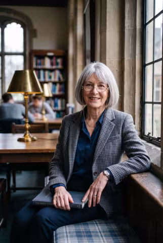 Librarian portrait, reading-room window seat — Person `person_portrait`.