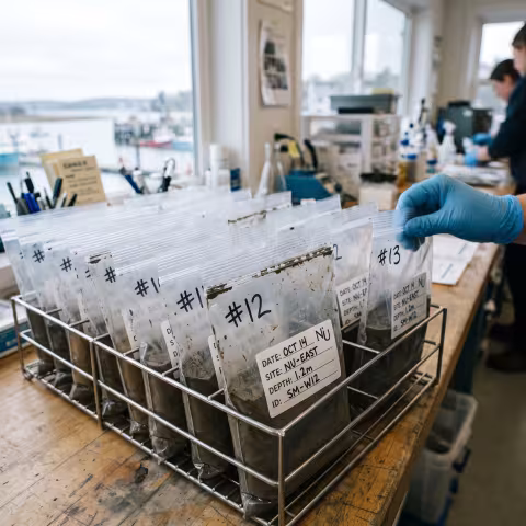 Rack of sediment sample bags, macro — Course imagery, sample handling.